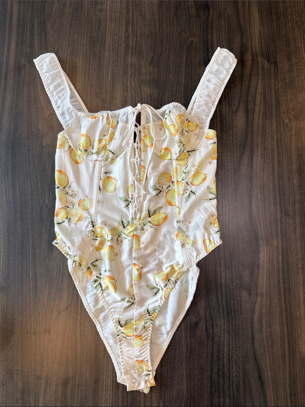 For Love & Lemons Lemon Print Corset Bodysuit XS NWT $149